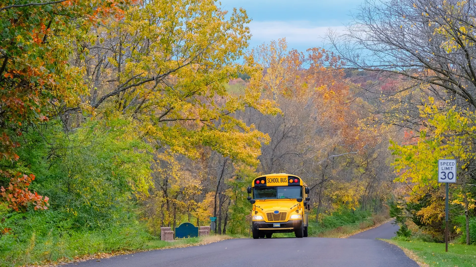 Yellow school bus traveling along a road